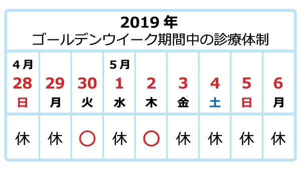 2019年 ゴールデンウィーク期間中の診療体制に関するお知らせ